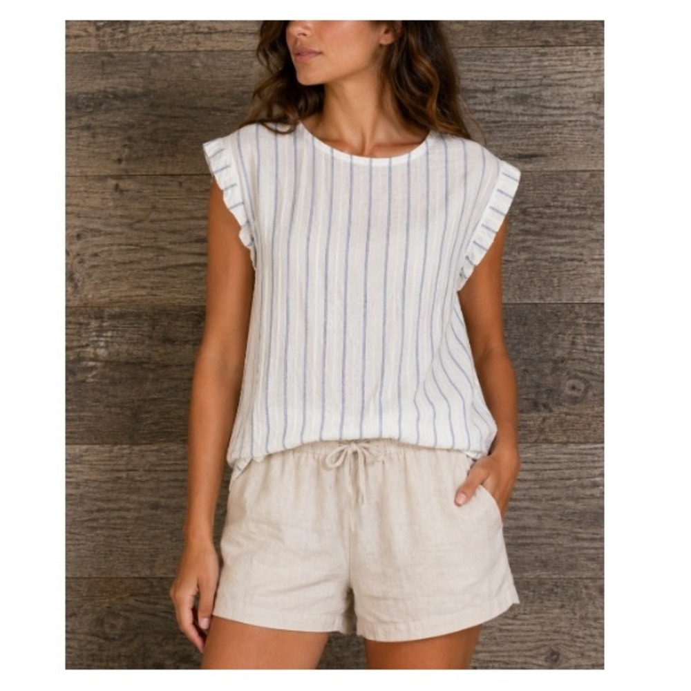 Cloth & Stone Women's Powder Blue Linen Blend Button Back Stripe Top Size L NWT